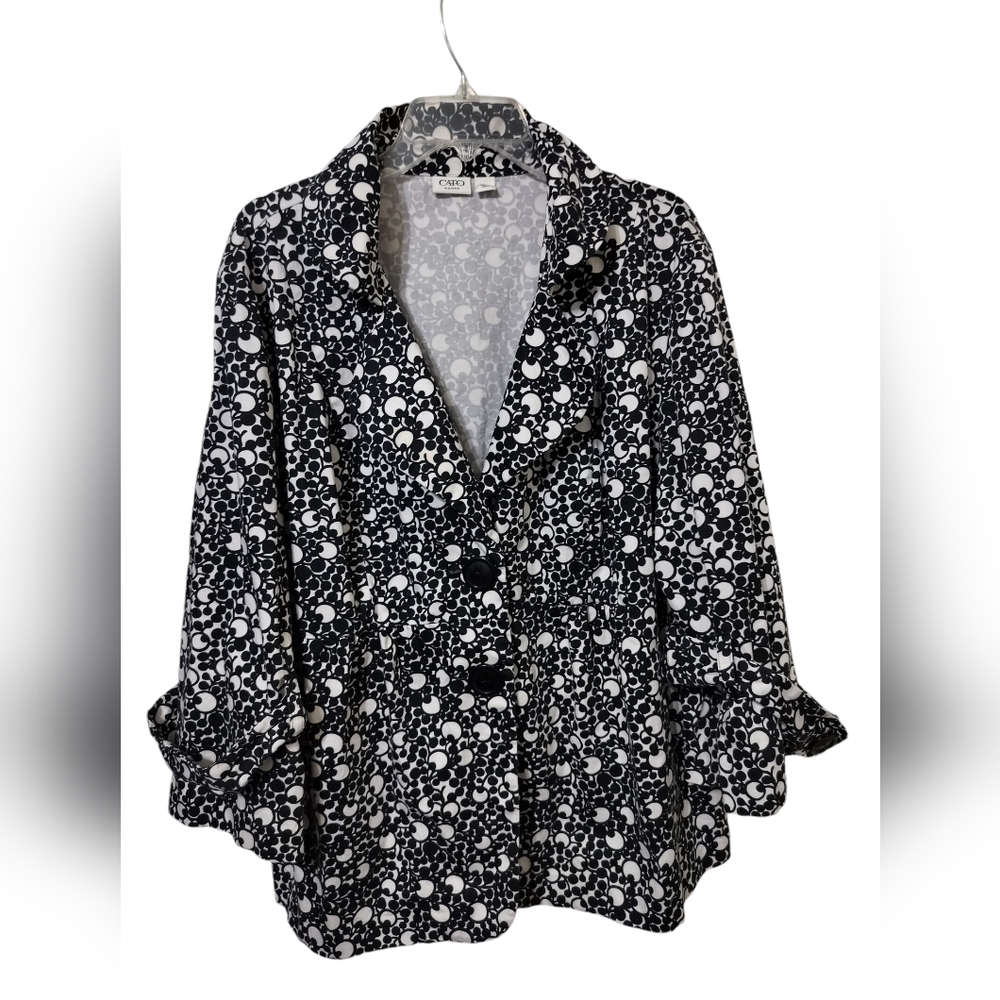 2991)CATO Black White Geometric Print Two Button 3/4 Sleeve Cotton Jacket 22/24W
